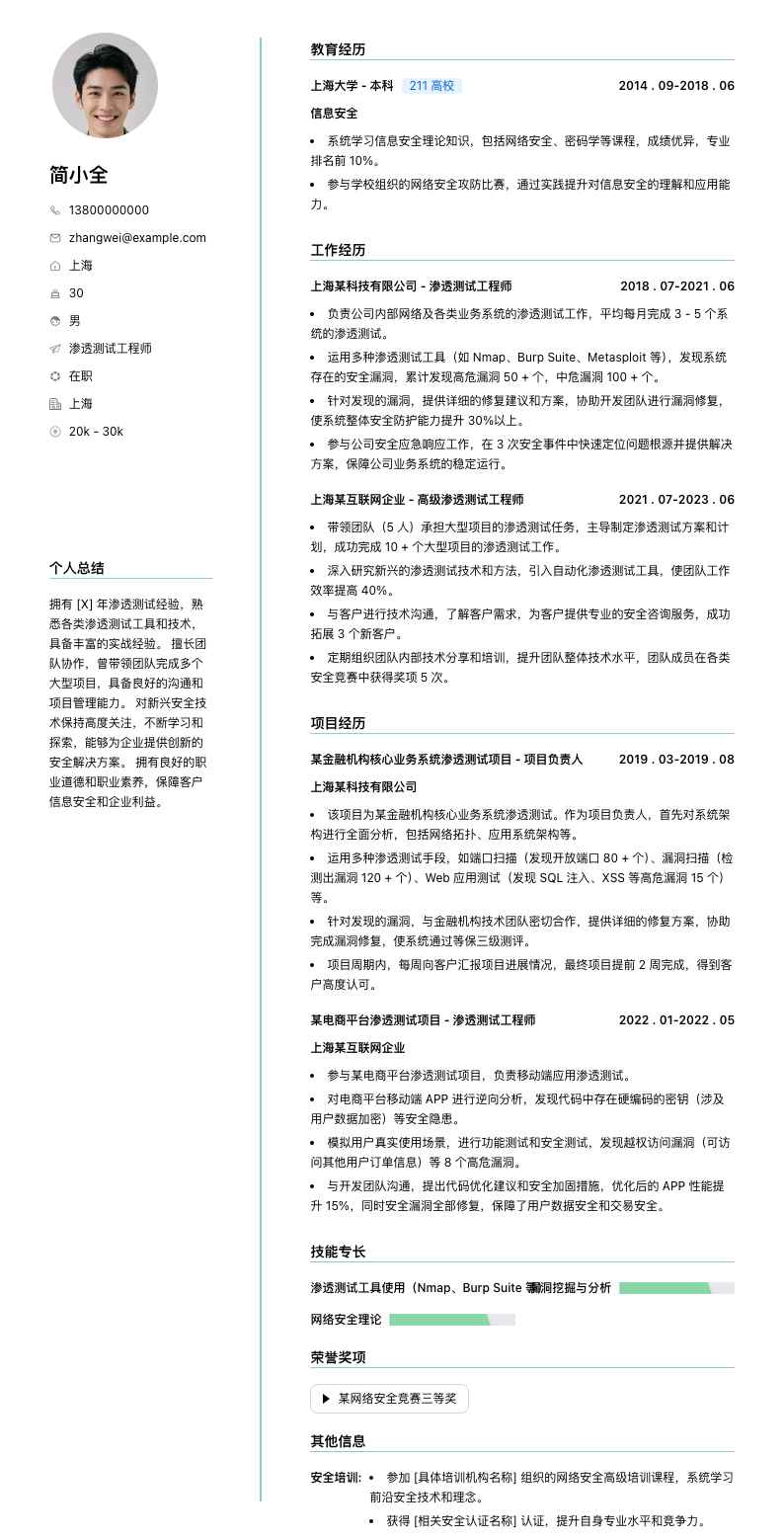 渗透测试工程师简历模板