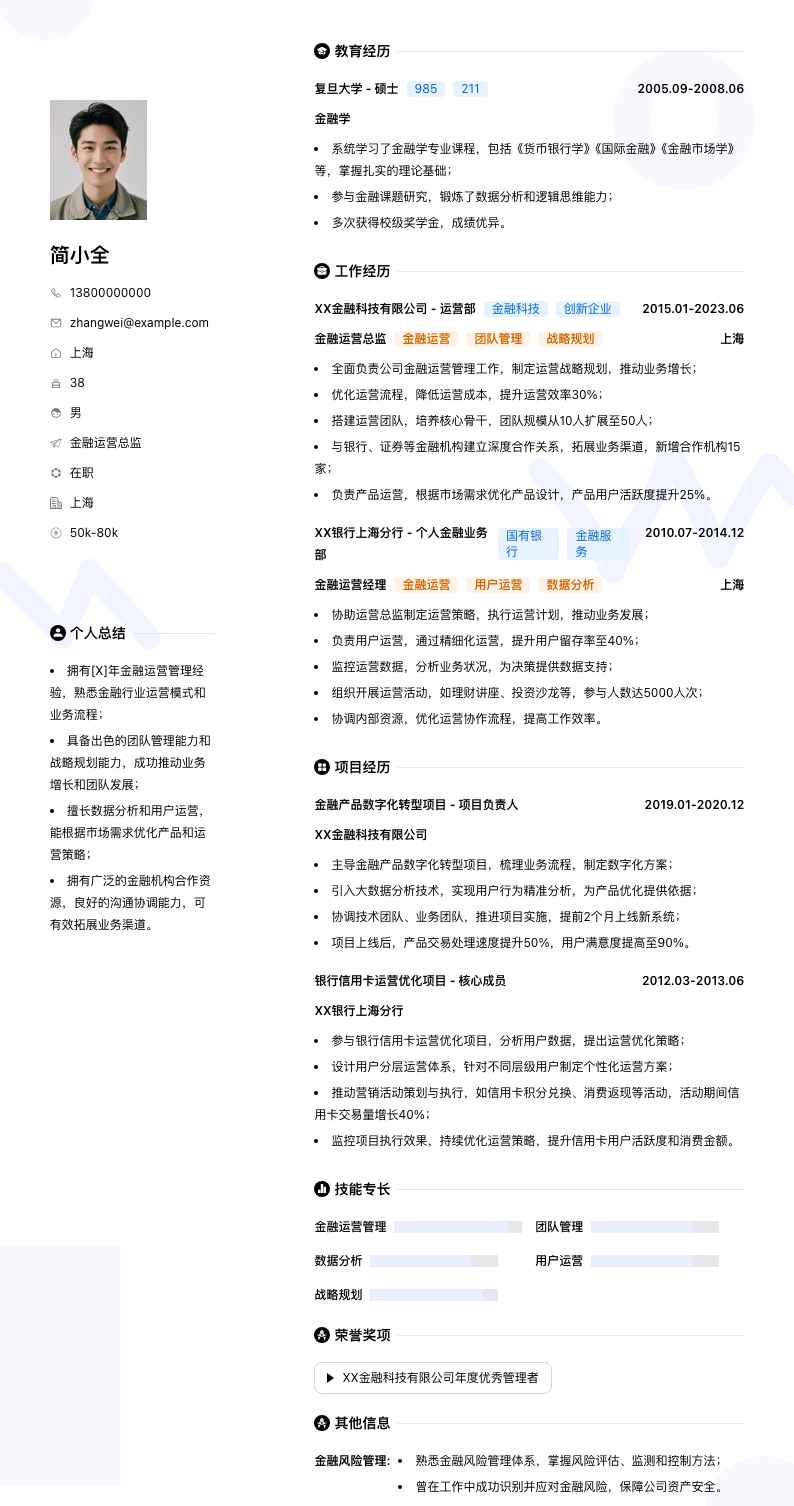 金融运营总监简历模板