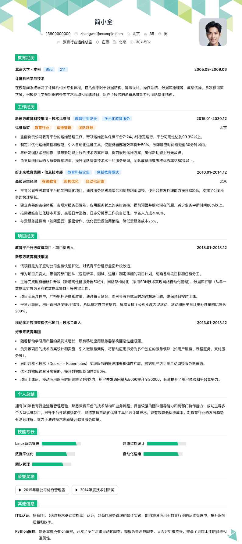 教育行业运维总监简历模板