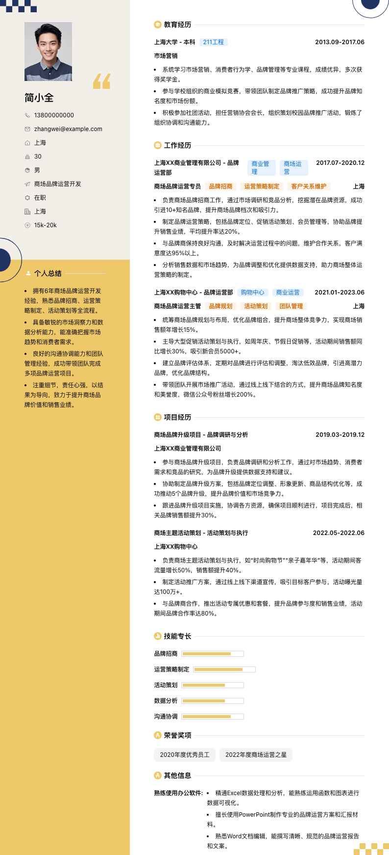 商场品牌运营简历模板