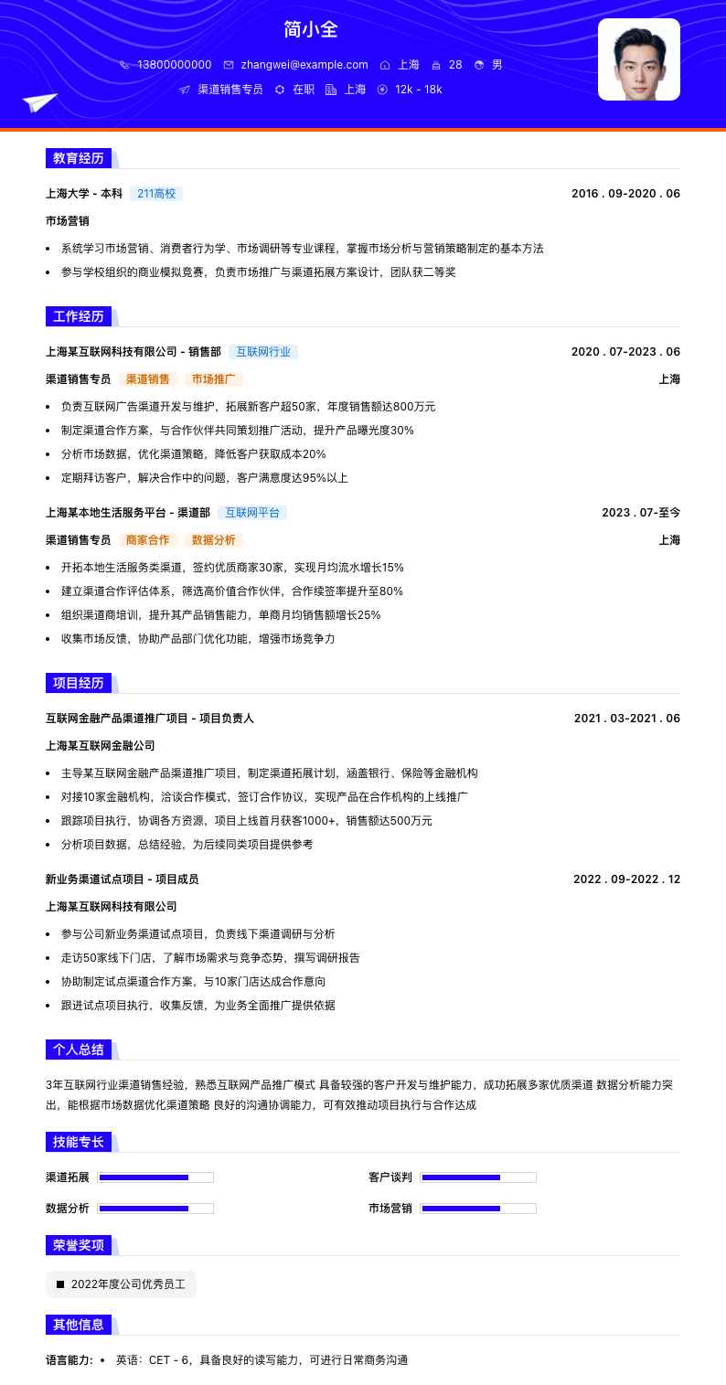 渠道销售专员简历模板