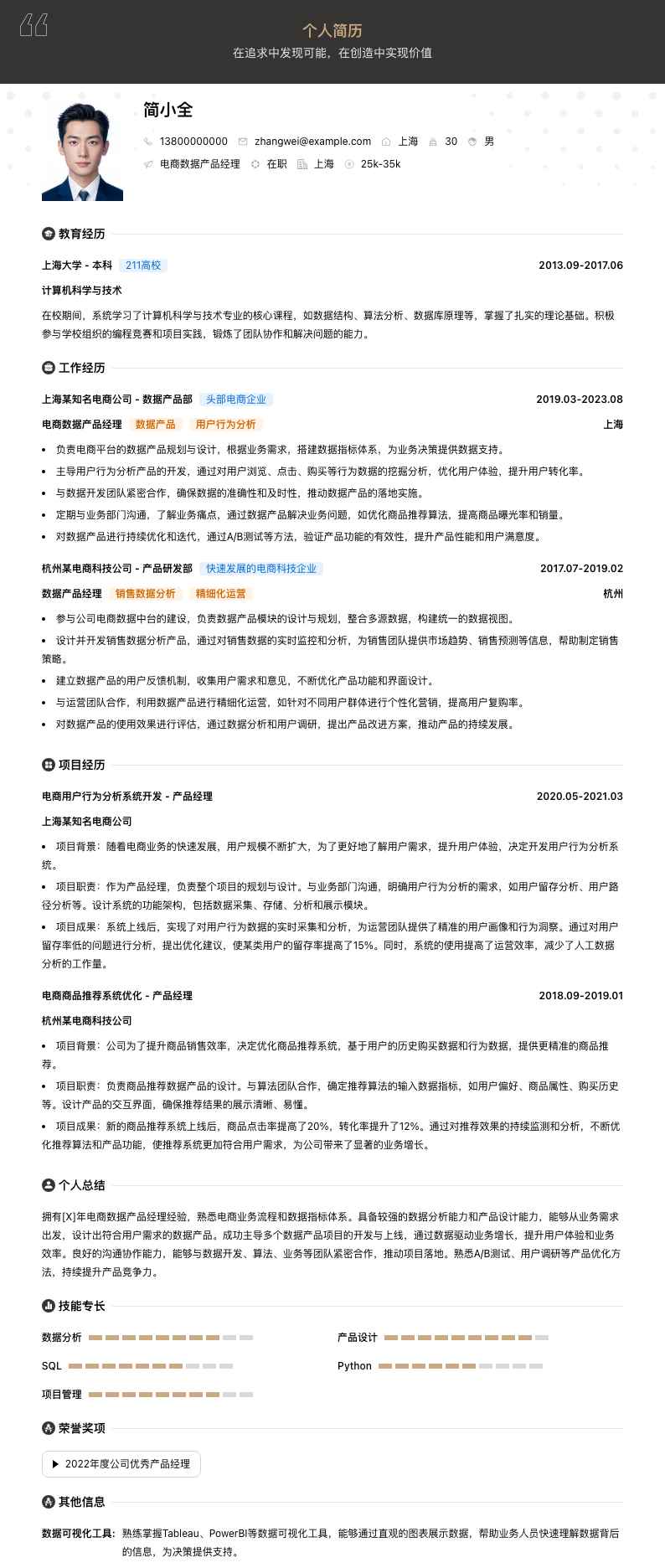 电商数据产品经理简历模板