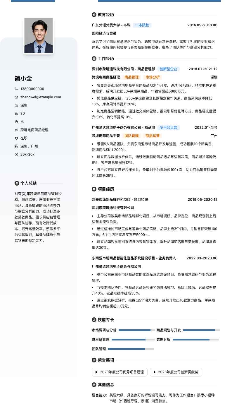 跨境电商商品经理简历模板