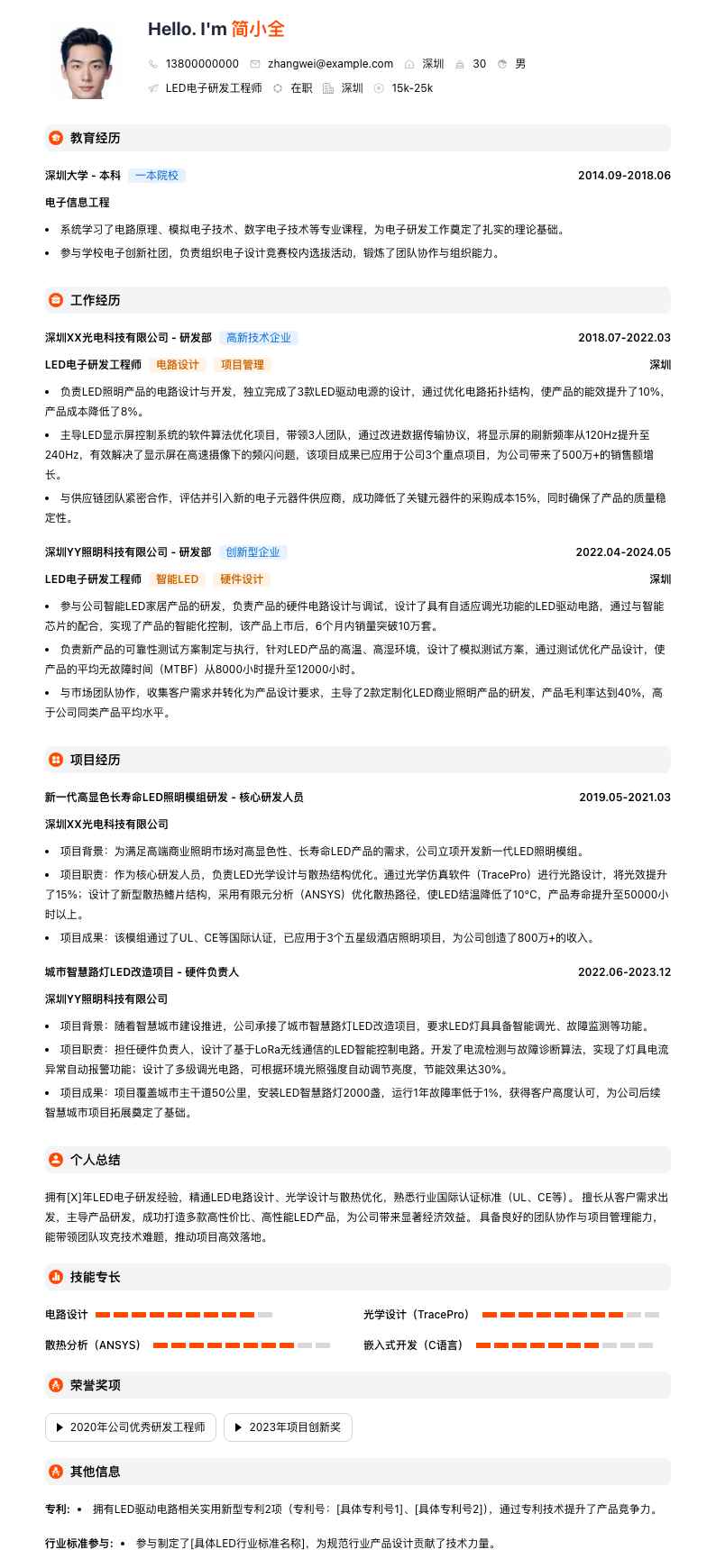 led电子研发工程师简历模板