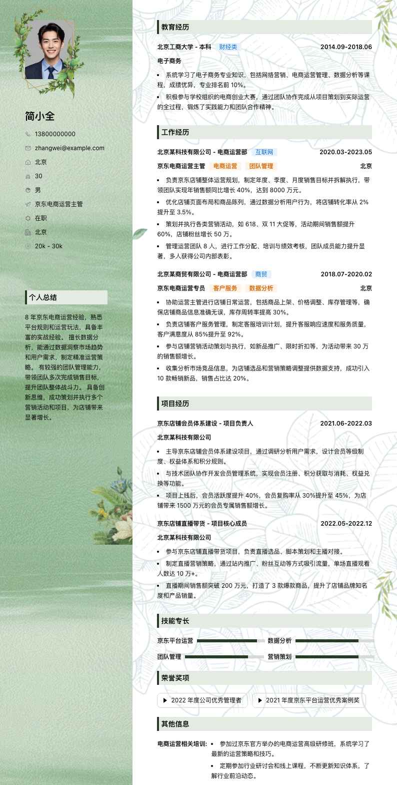 京东电商运营主管简历模板