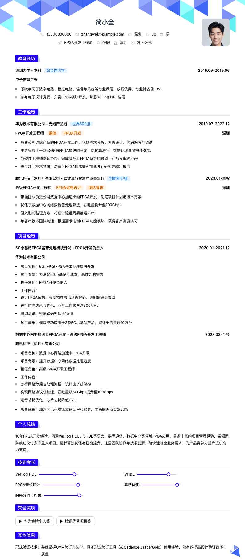 fpga开发工程师简历模板