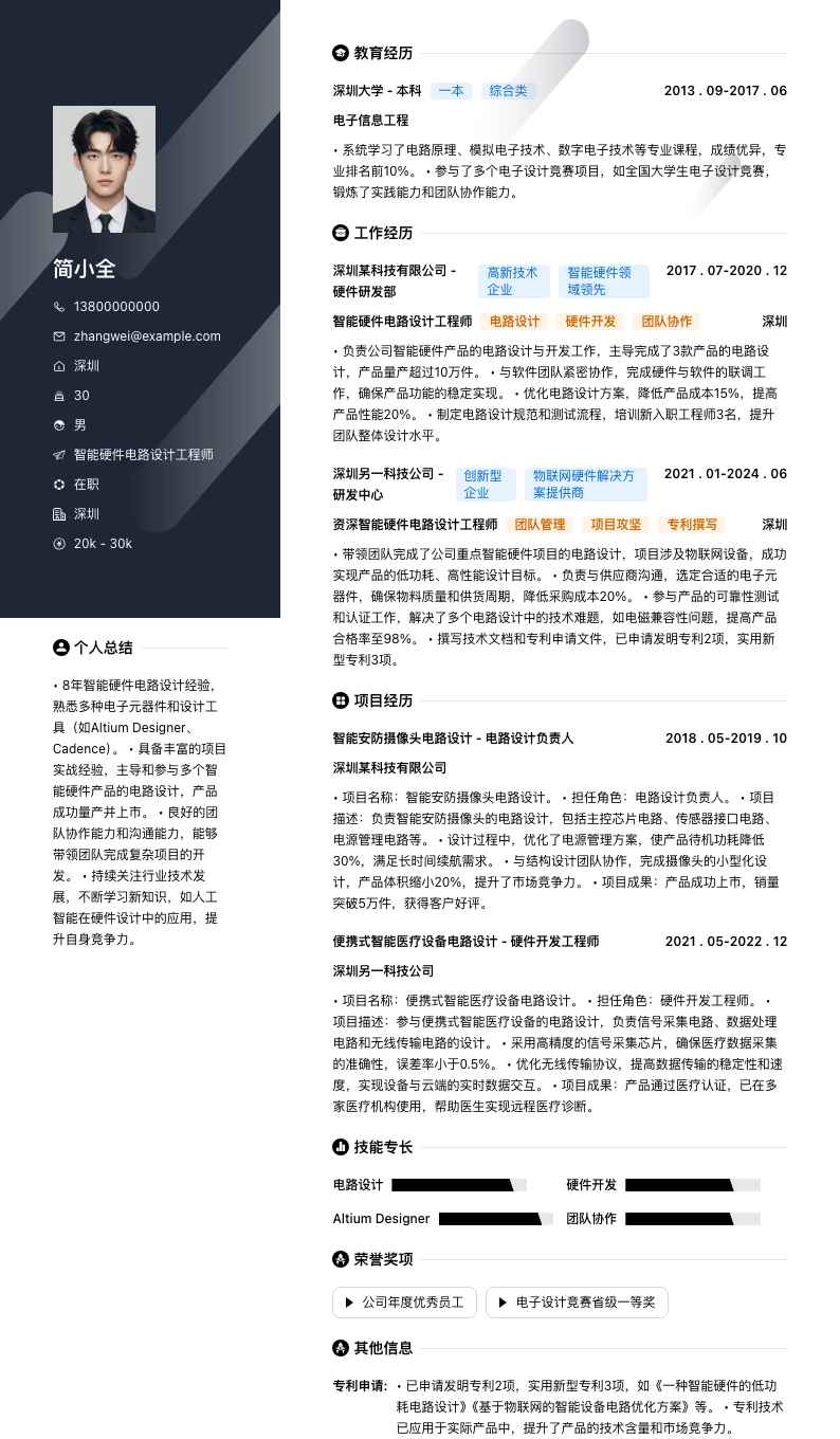 智能硬件电路设计工程师简历模板