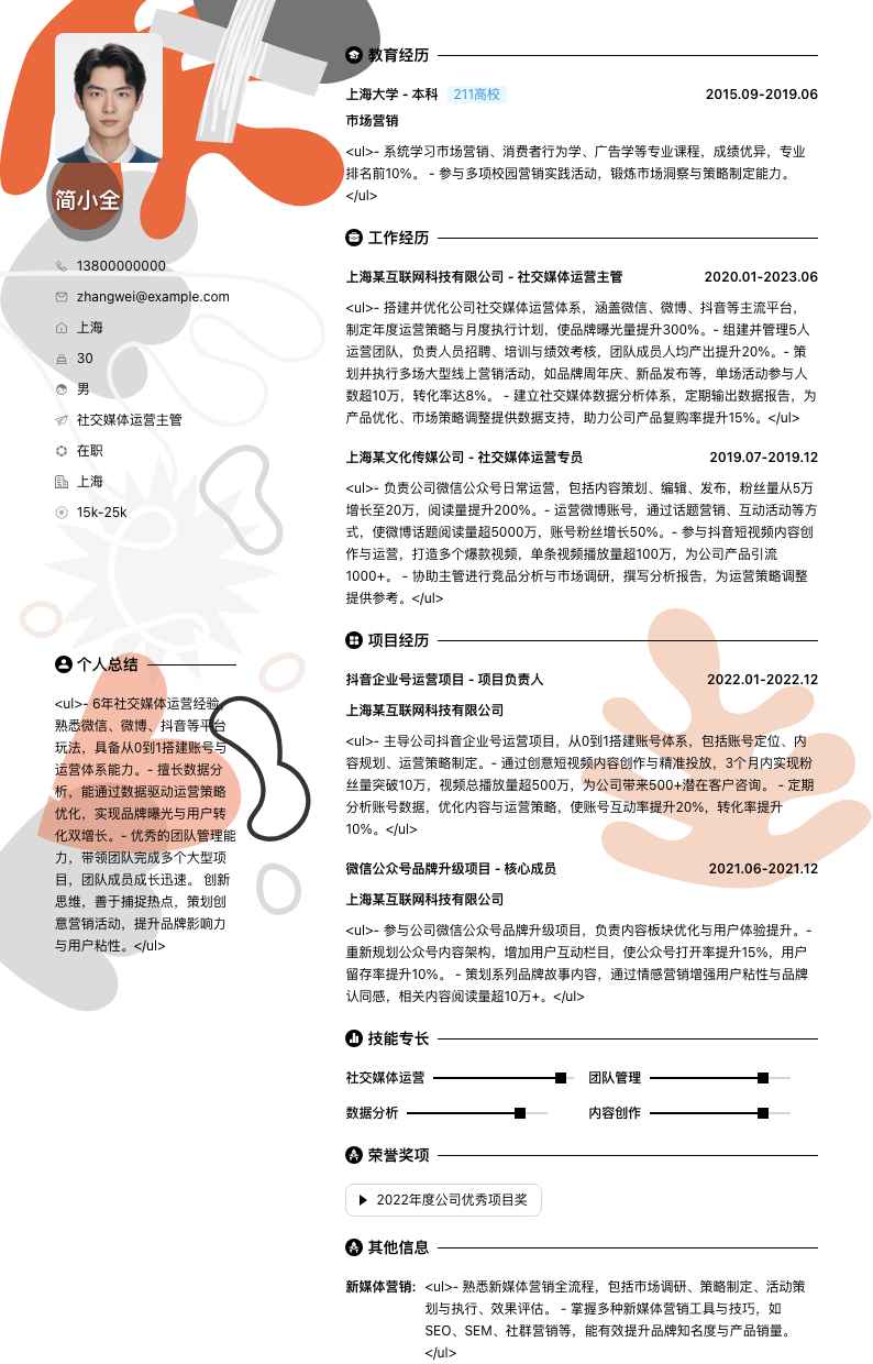 社交媒体运营主管简历模板