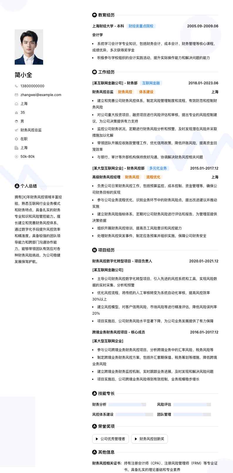 财务风控总监简历模板