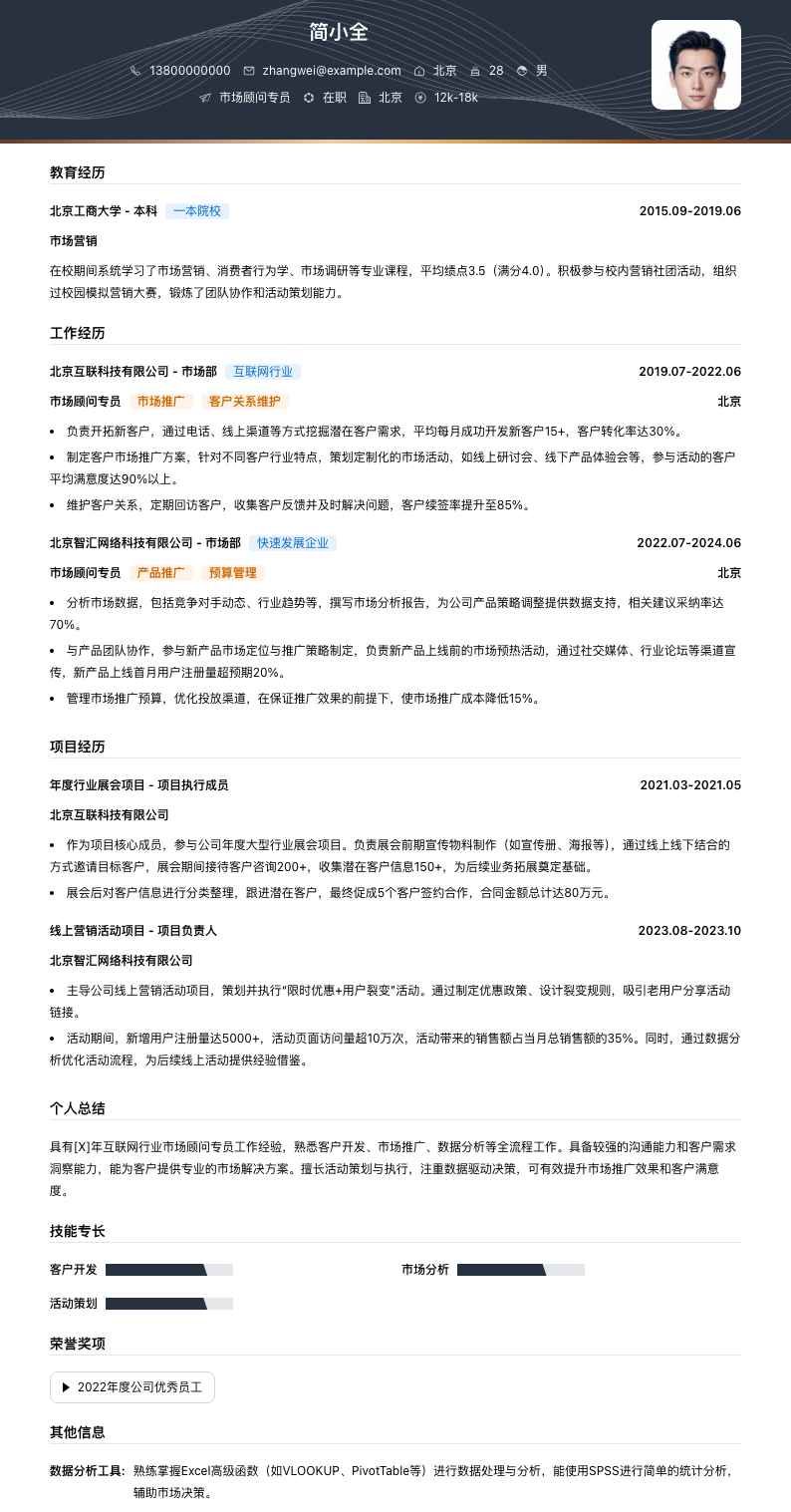 市场顾问专员简历模板