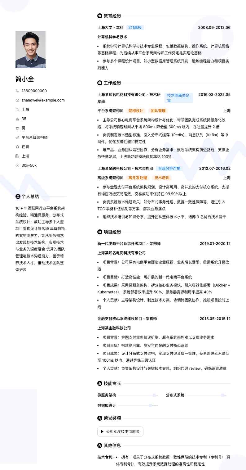 平台系统架构师简历模板