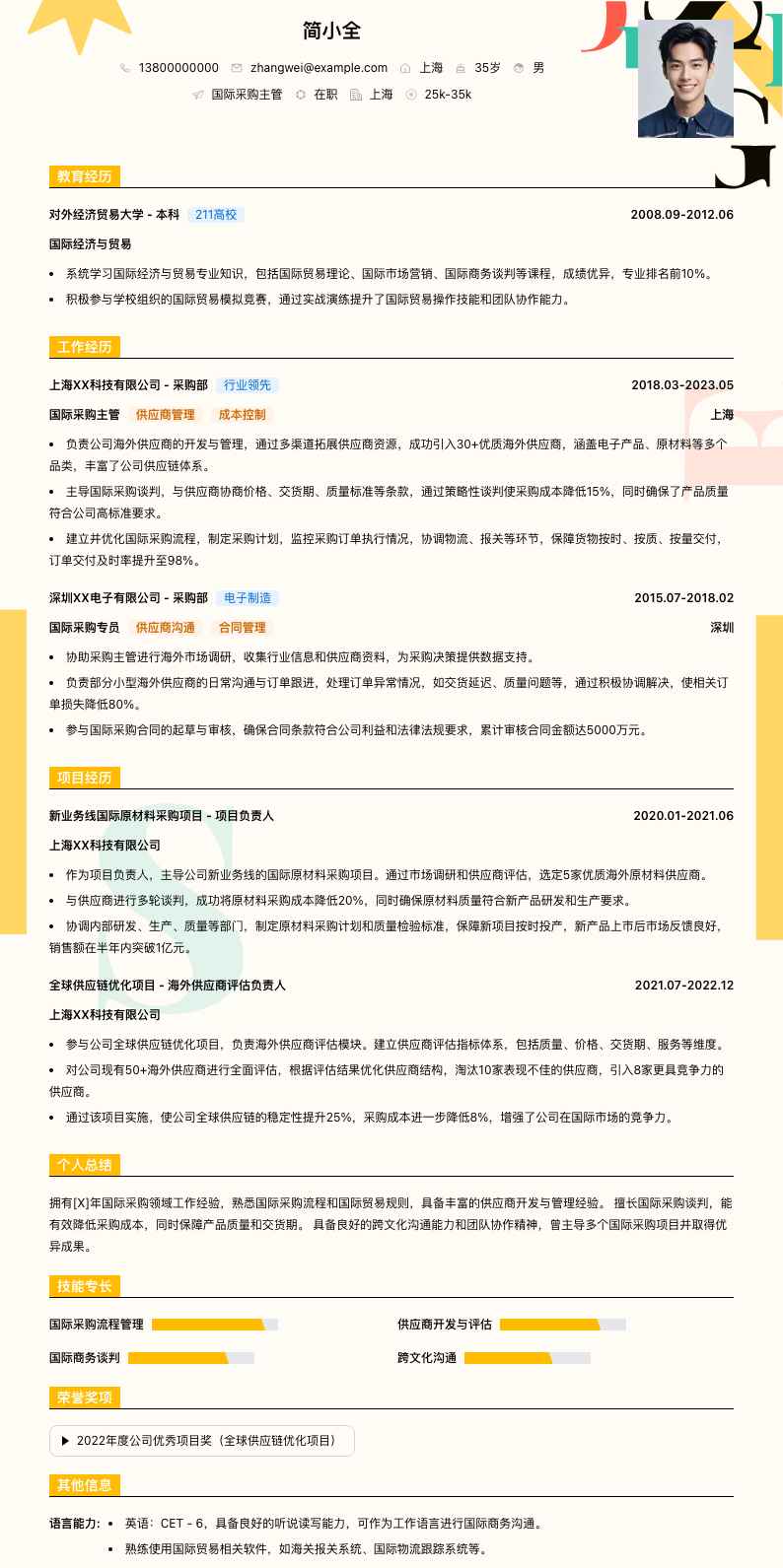 国际采购主管简历模板