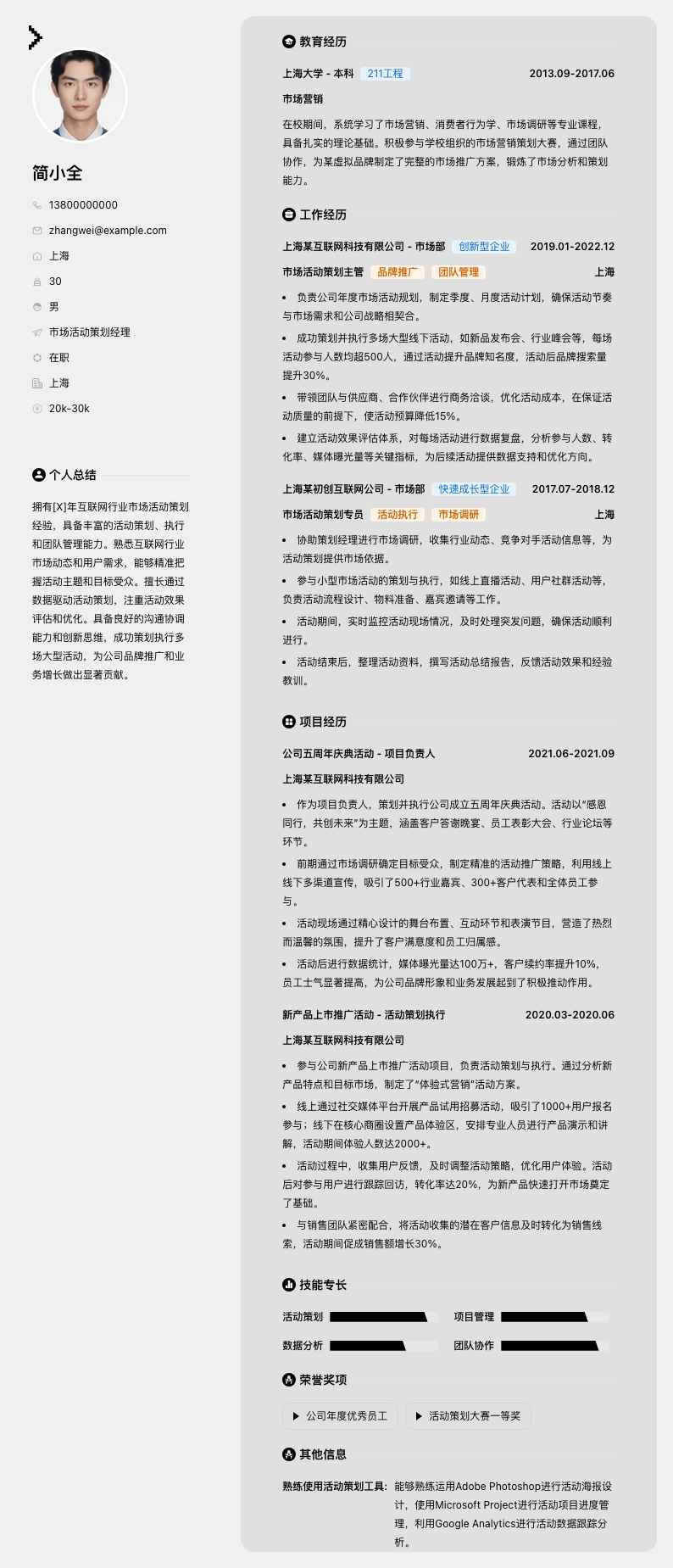 市场活动策划经理简历模板
