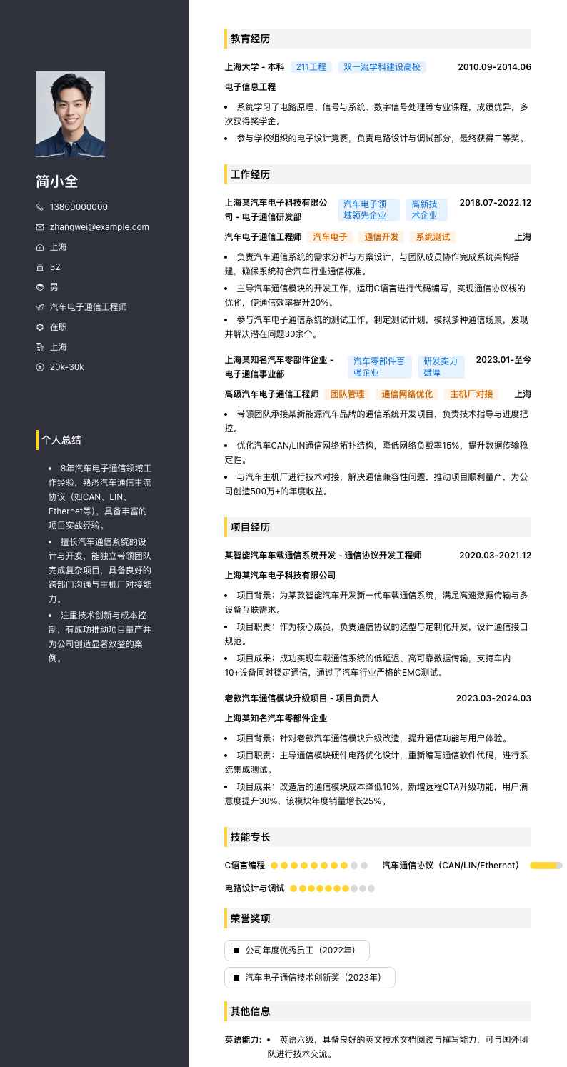 汽车电子通信工程师简历模板