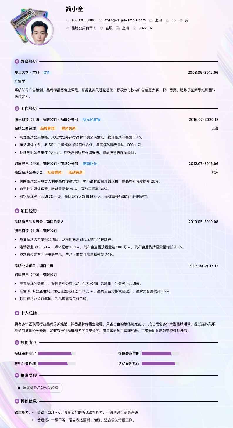 品牌公关负责人简历模板