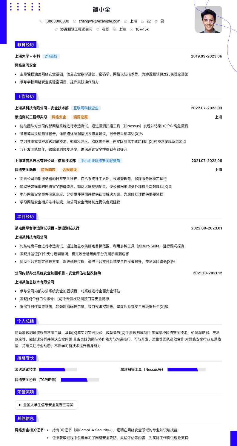 渗透测试工程师实习简历模板