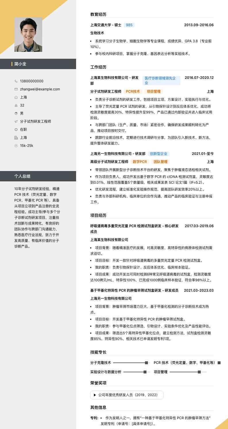 分子试剂研发工程师简历模板