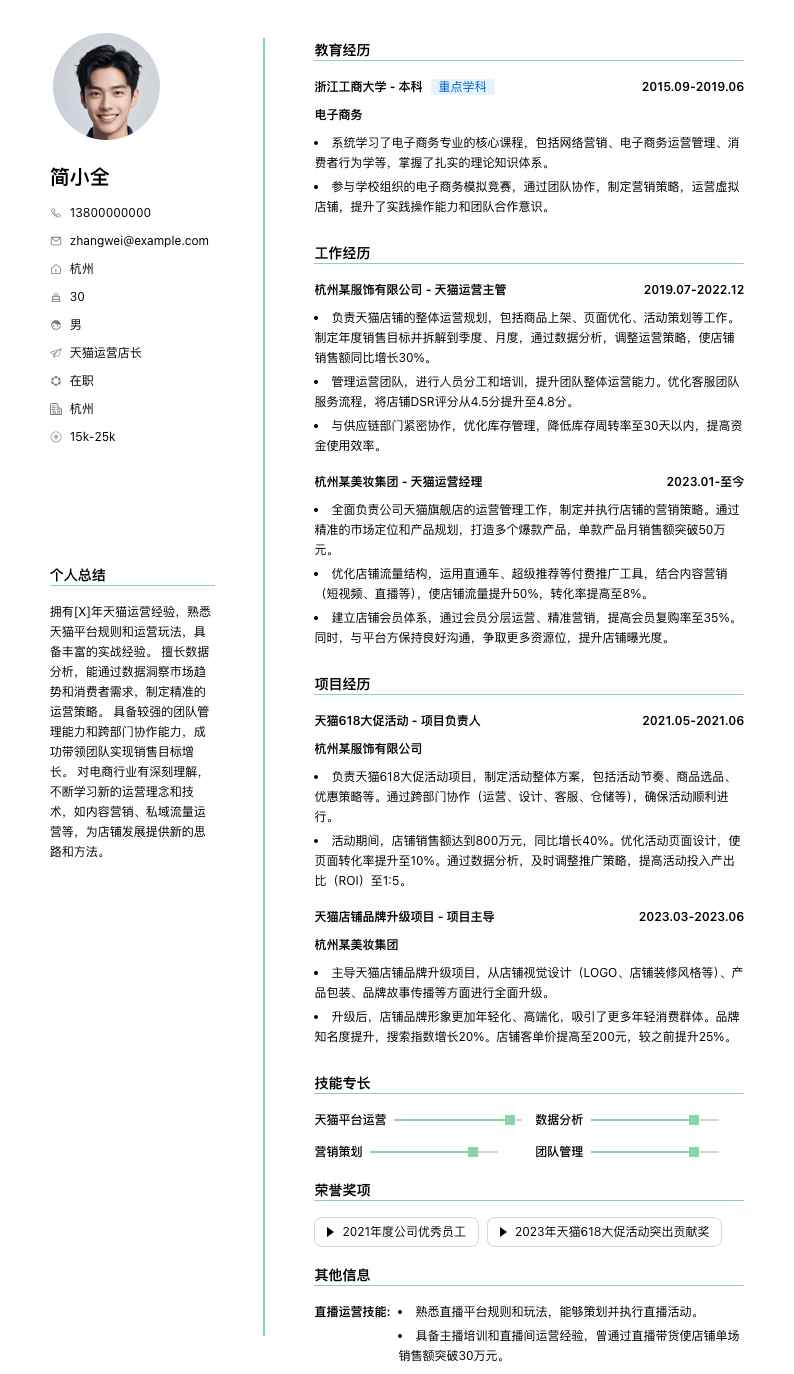 天猫运营店长简历模板