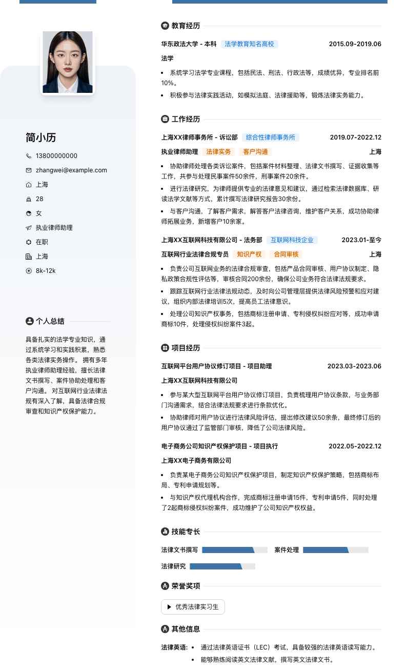 执业律师助理简历模板