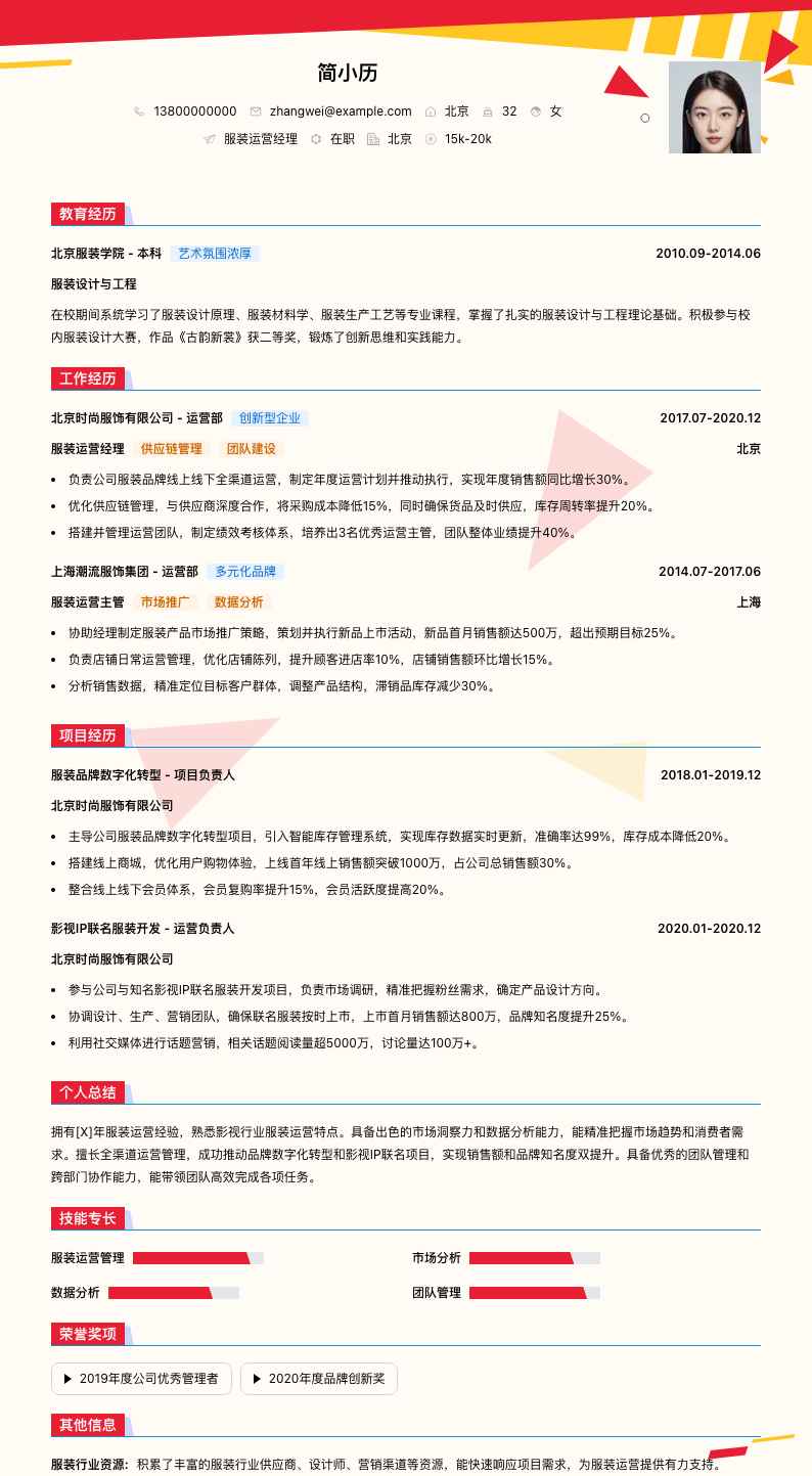 服装运营经理简历模板