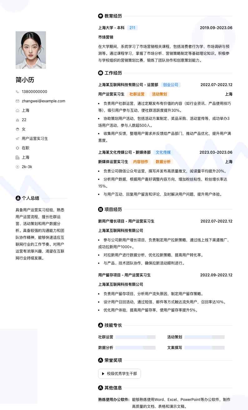 用户运营实习生简历模板