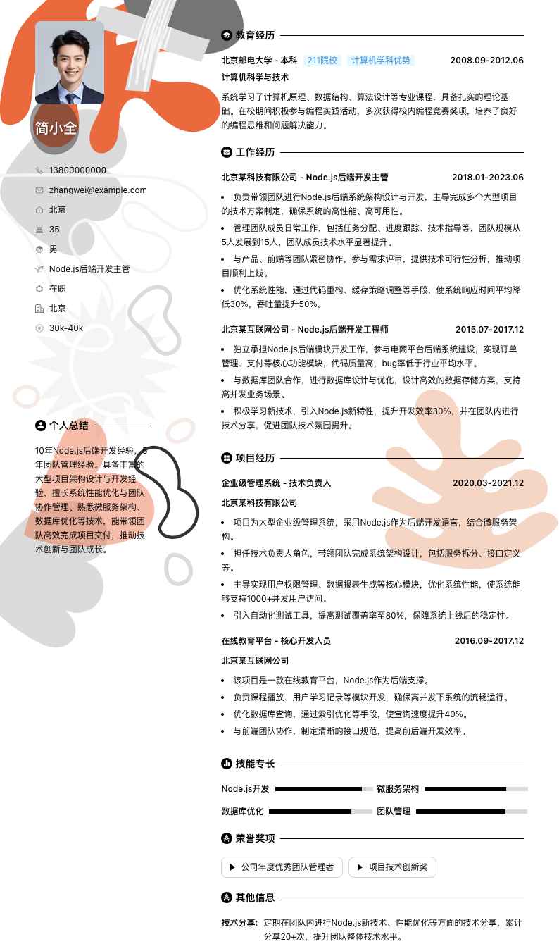 Node.js后端开发主管简历模板