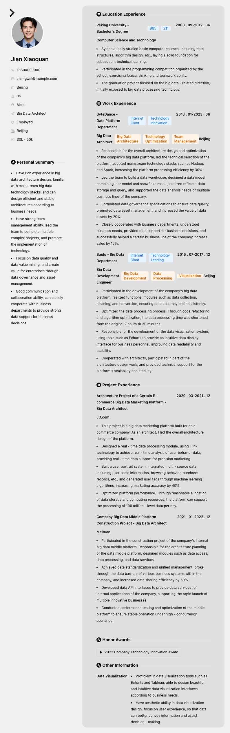 大数据架构师简历模板