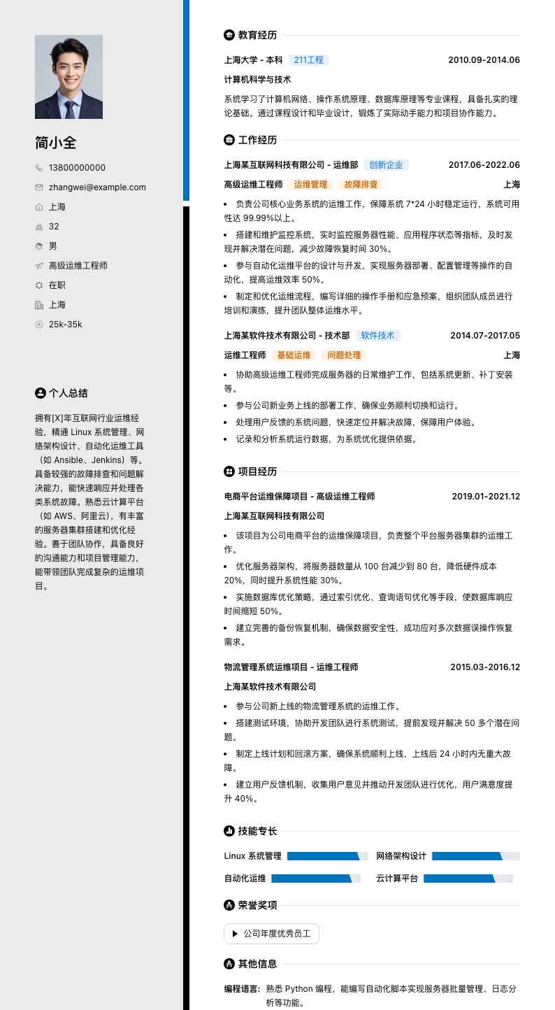 高级运维工程师简历模板