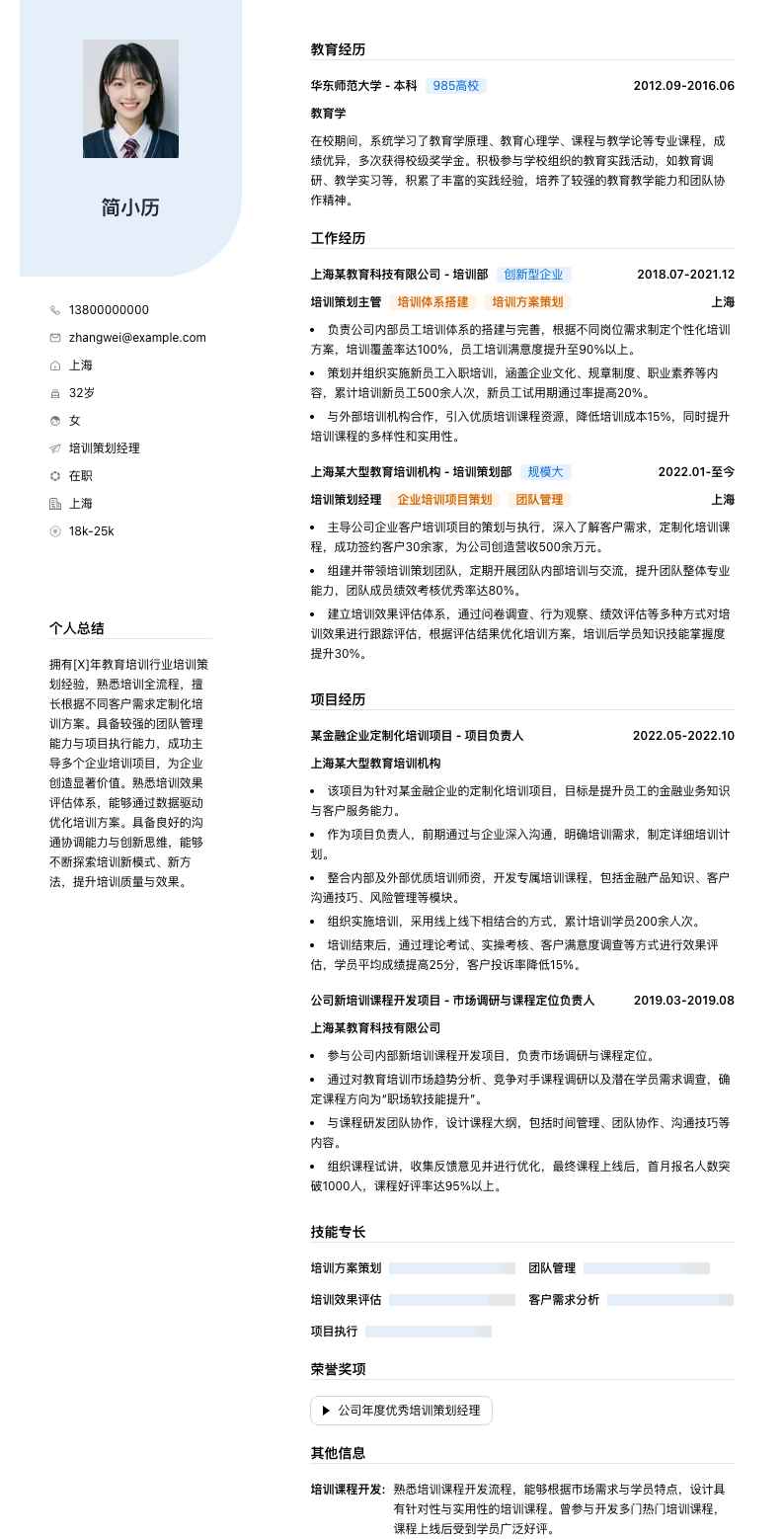 培训策划经理简历模板