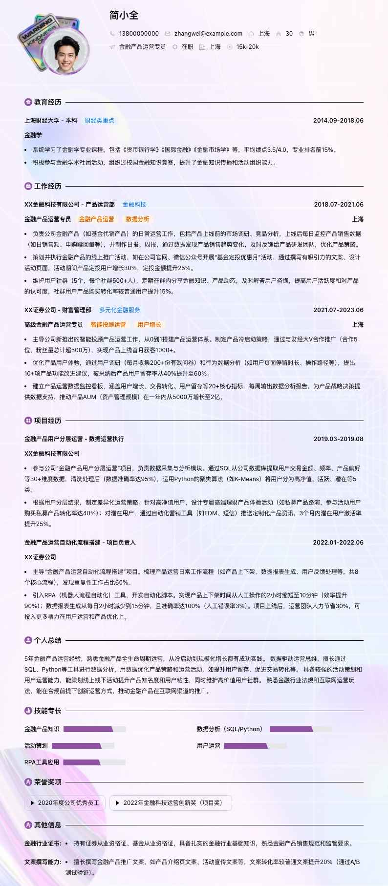 金融产品运营专员简历模板