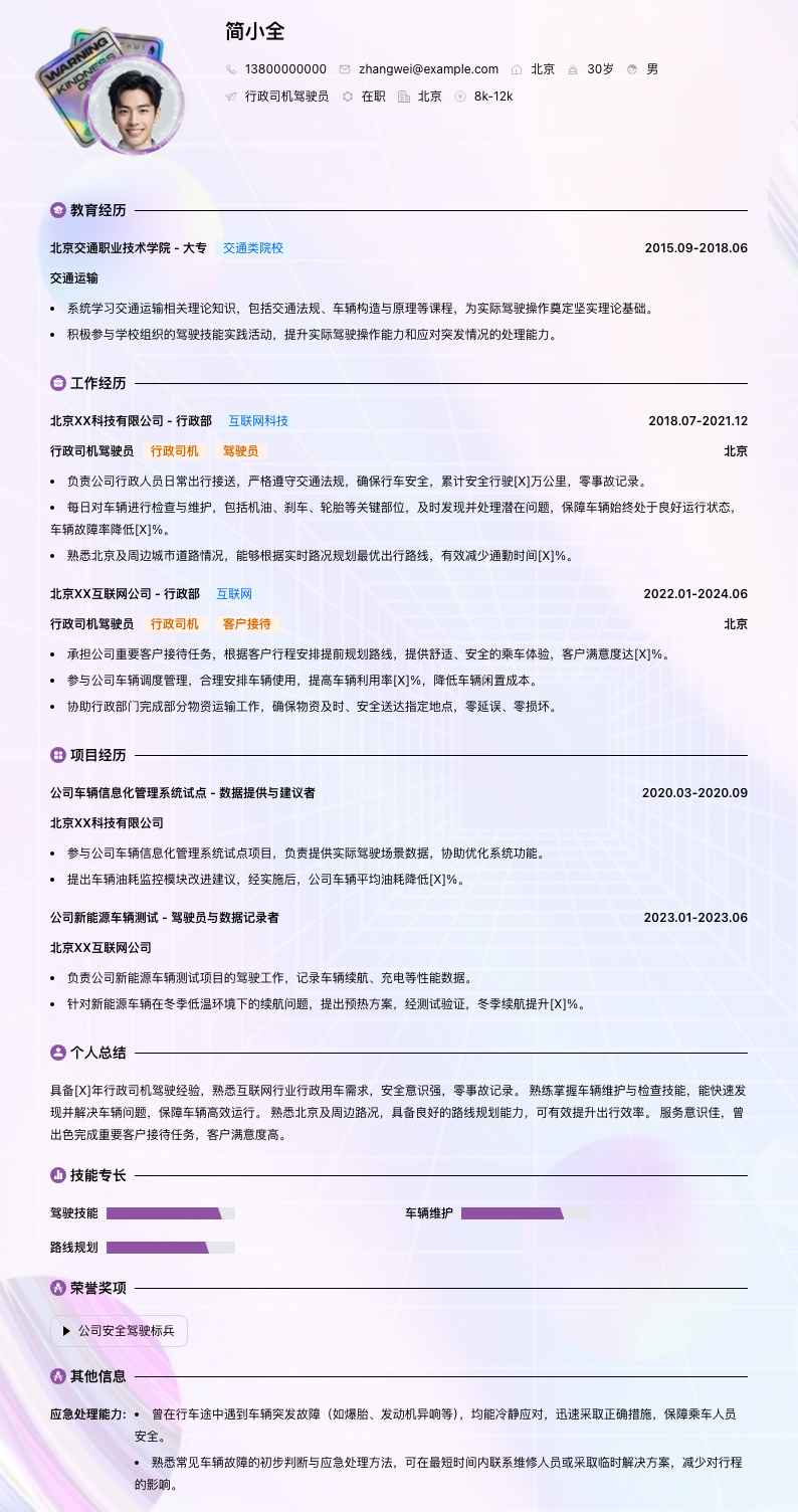 行政司机驾驶员简历模板