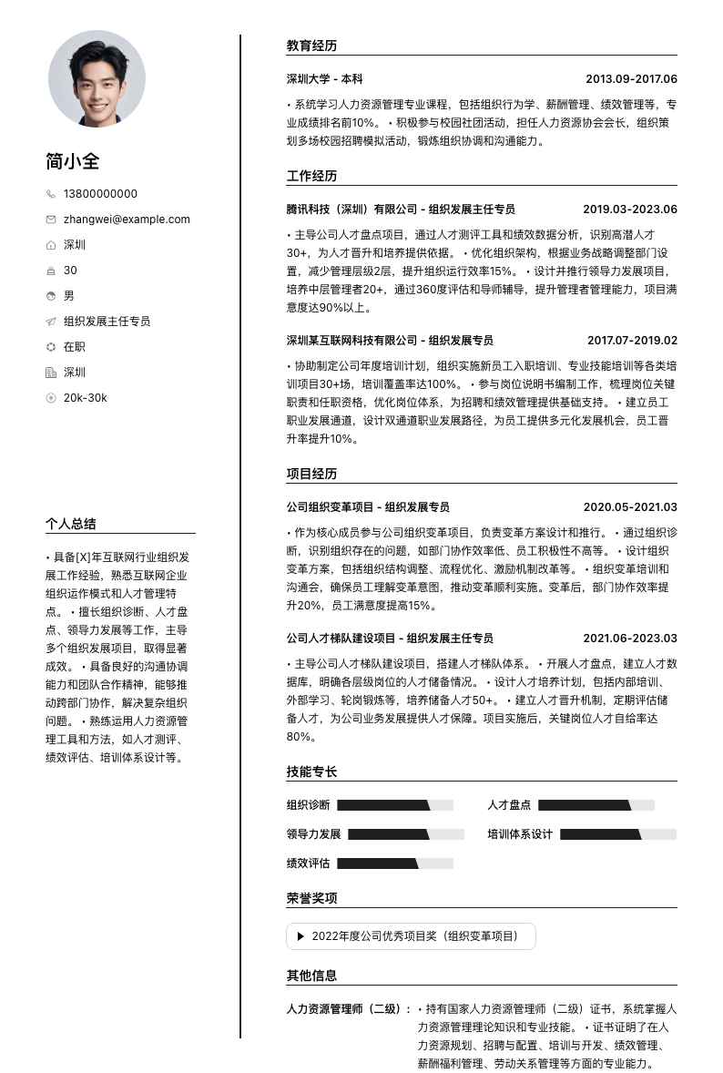 组织发展主任专员简历模板