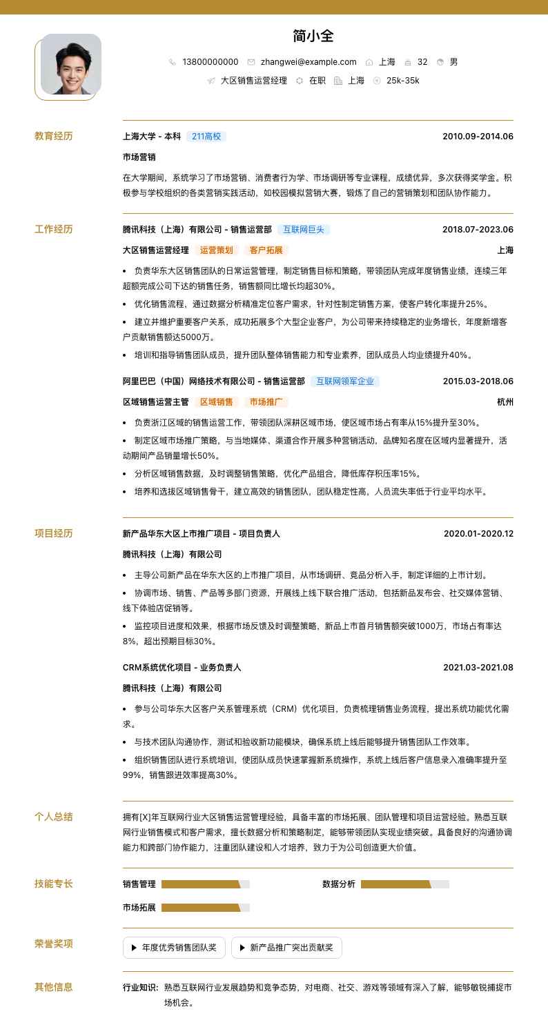 大区销售运营经理简历模板