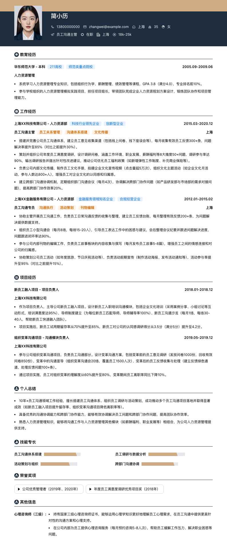 员工沟通主管简历模板