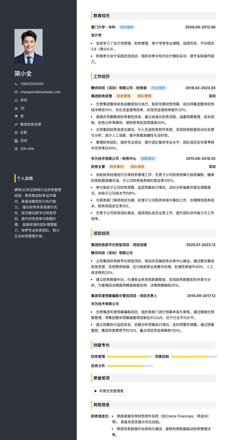 集团财务经理简历模板