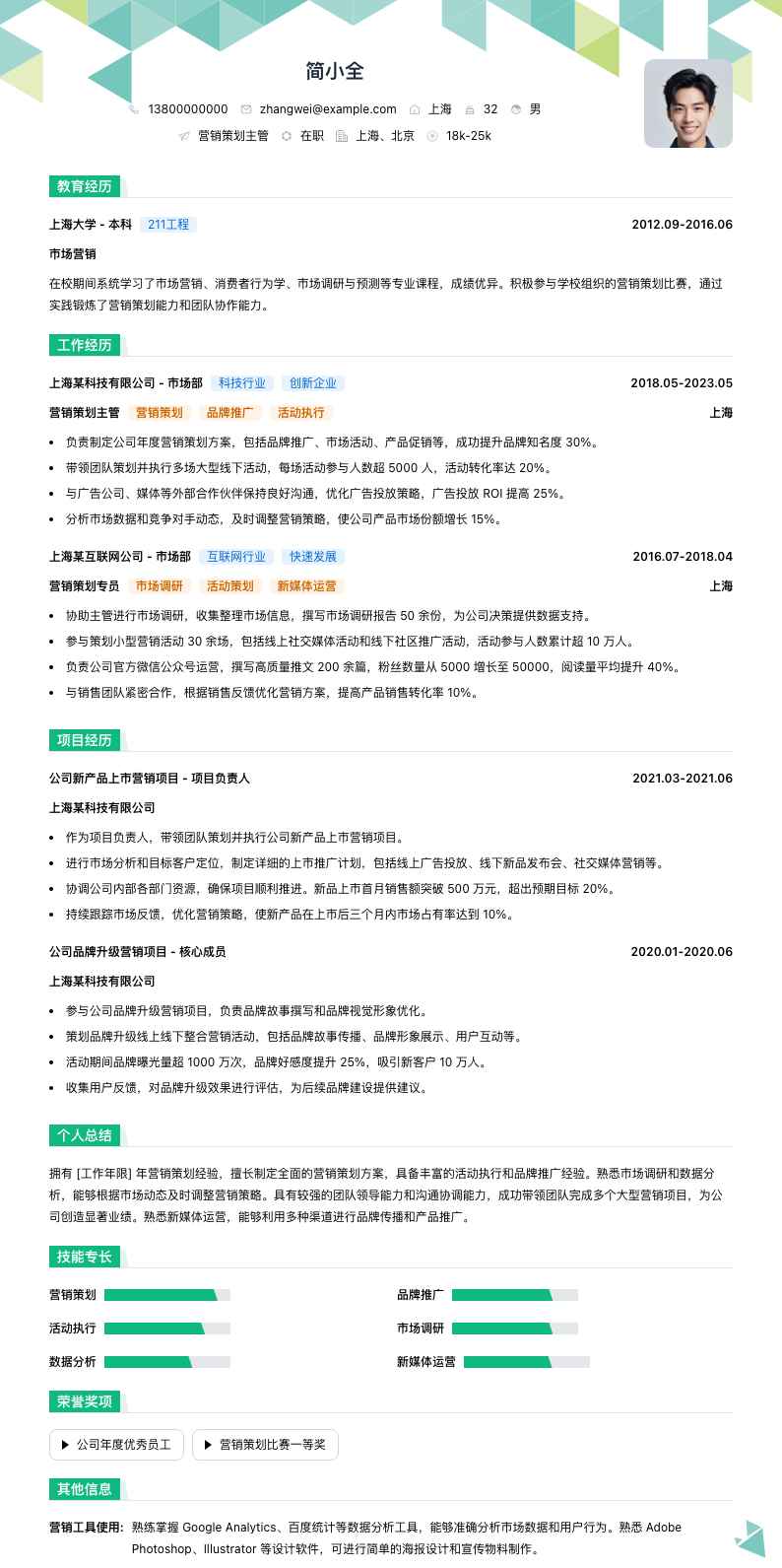 营销策划主管简历模板