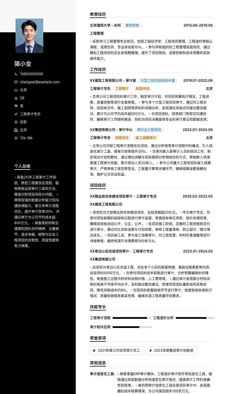 工程审计专员简历模板