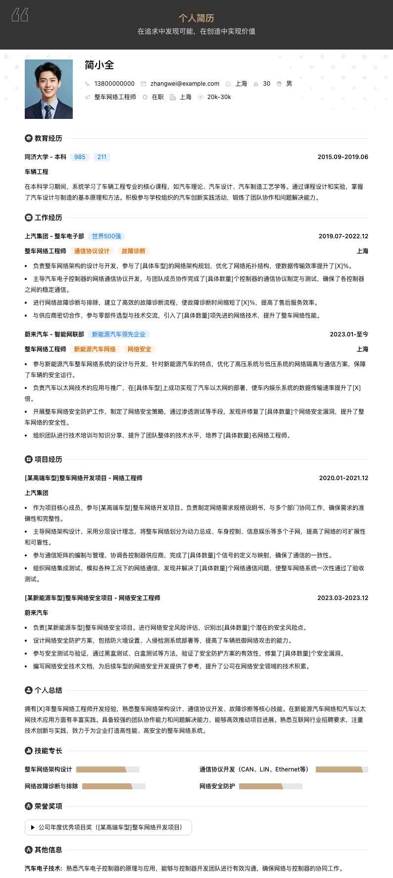 整车网络工程师简历模板