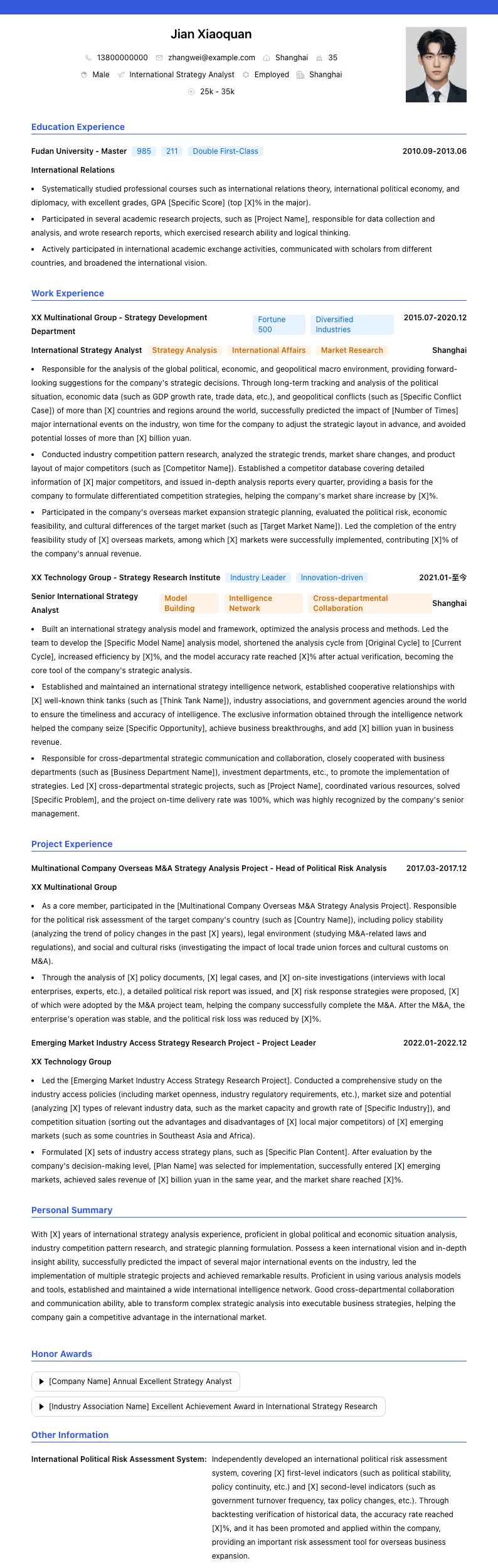 国际战略分析师简历模板