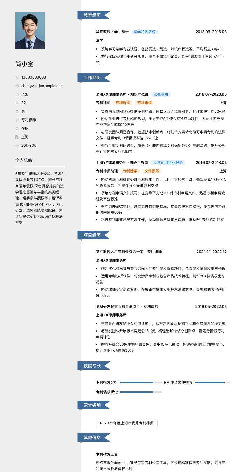 专利律师简历模板