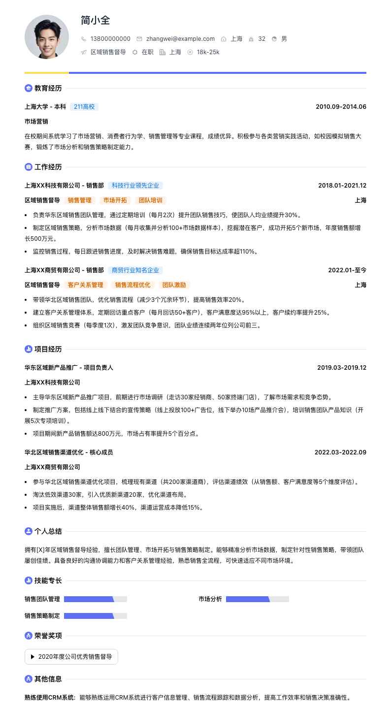 区域销售督导简历模板