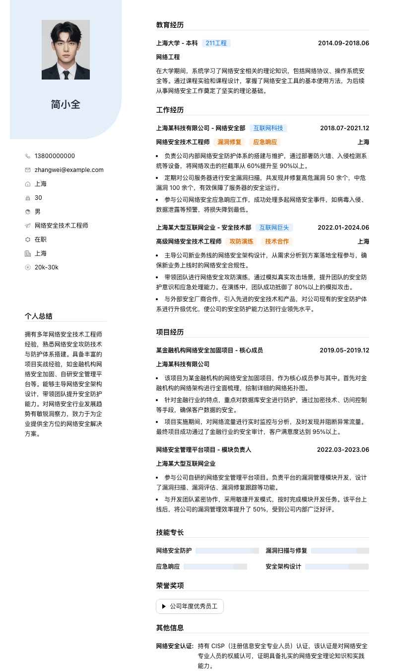 网络安全技术工程师简历模板