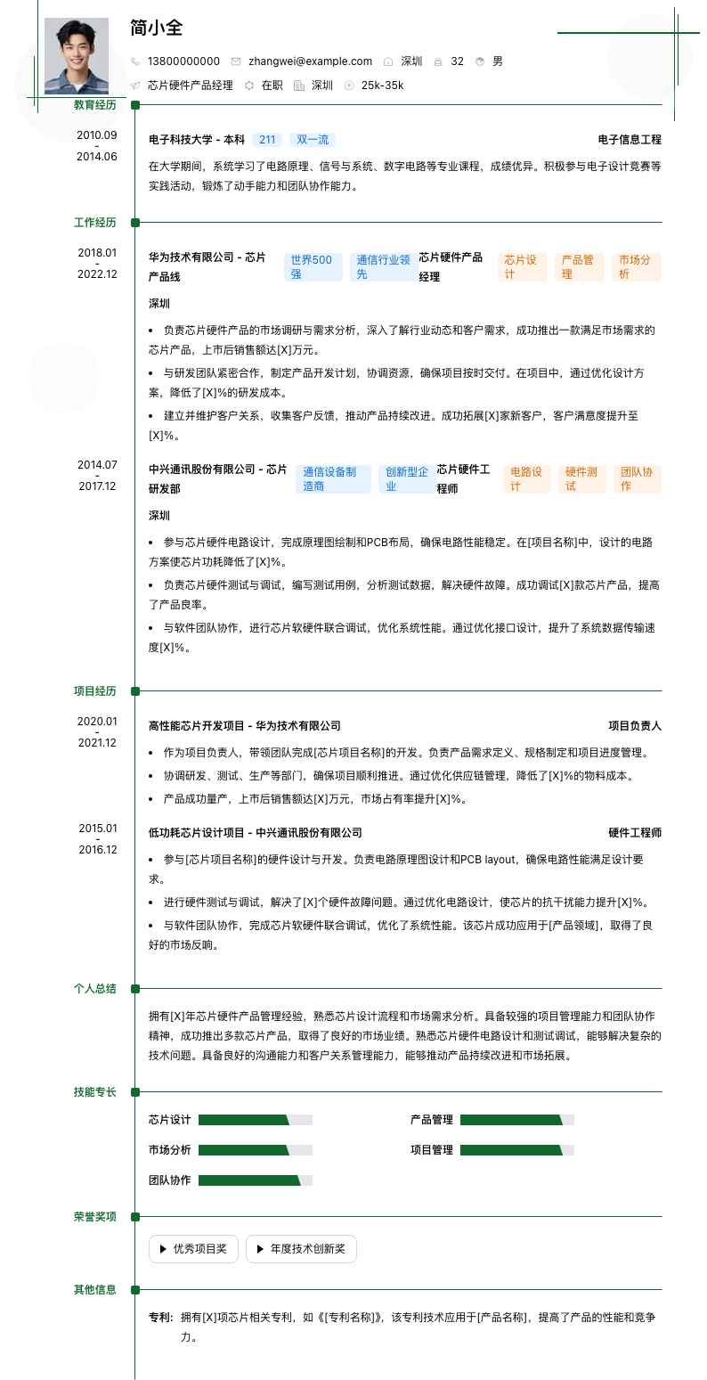 芯片硬件产品经理简历模板