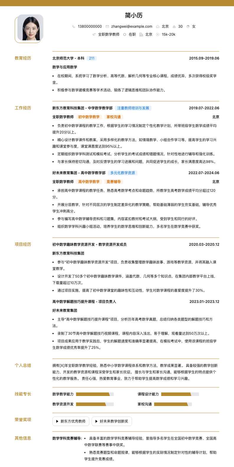 全职数学教师简历模板