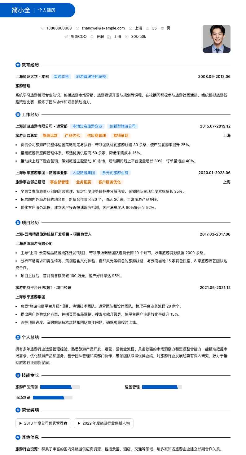 旅游COO简历模板