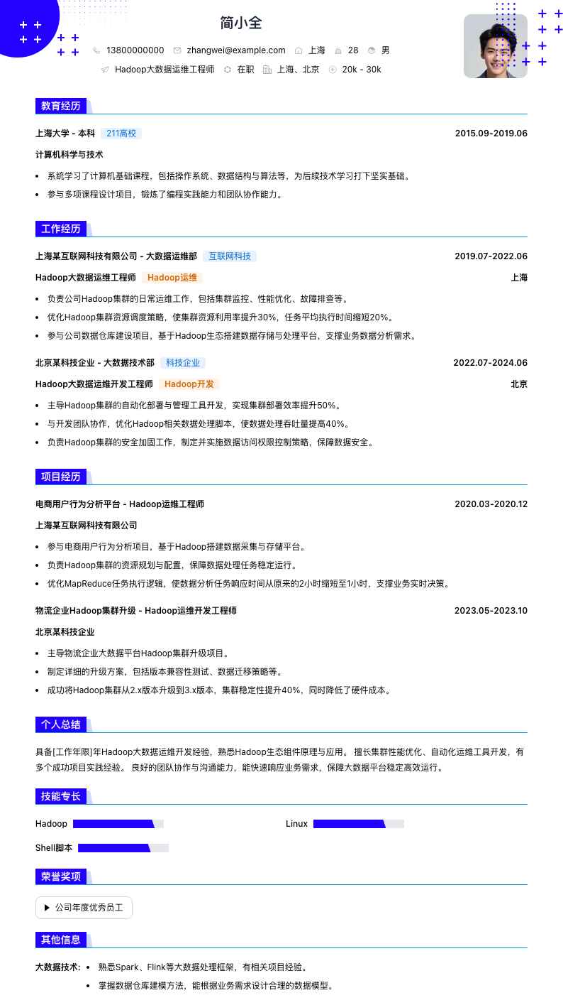 hadoop大数据运维简历模板
