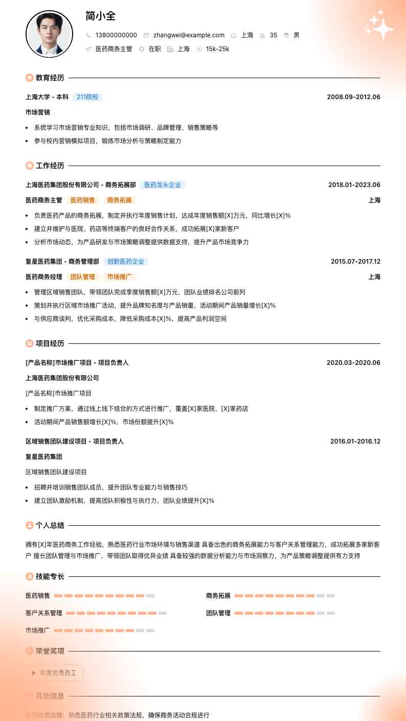 医药商务主管简历模板