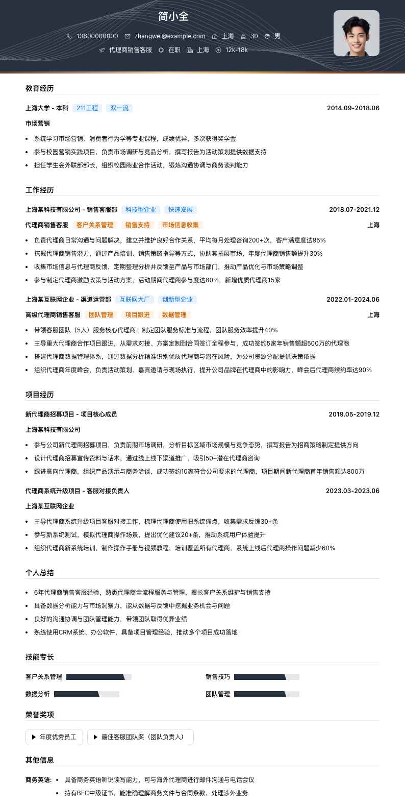 代理商销售客服简历模板