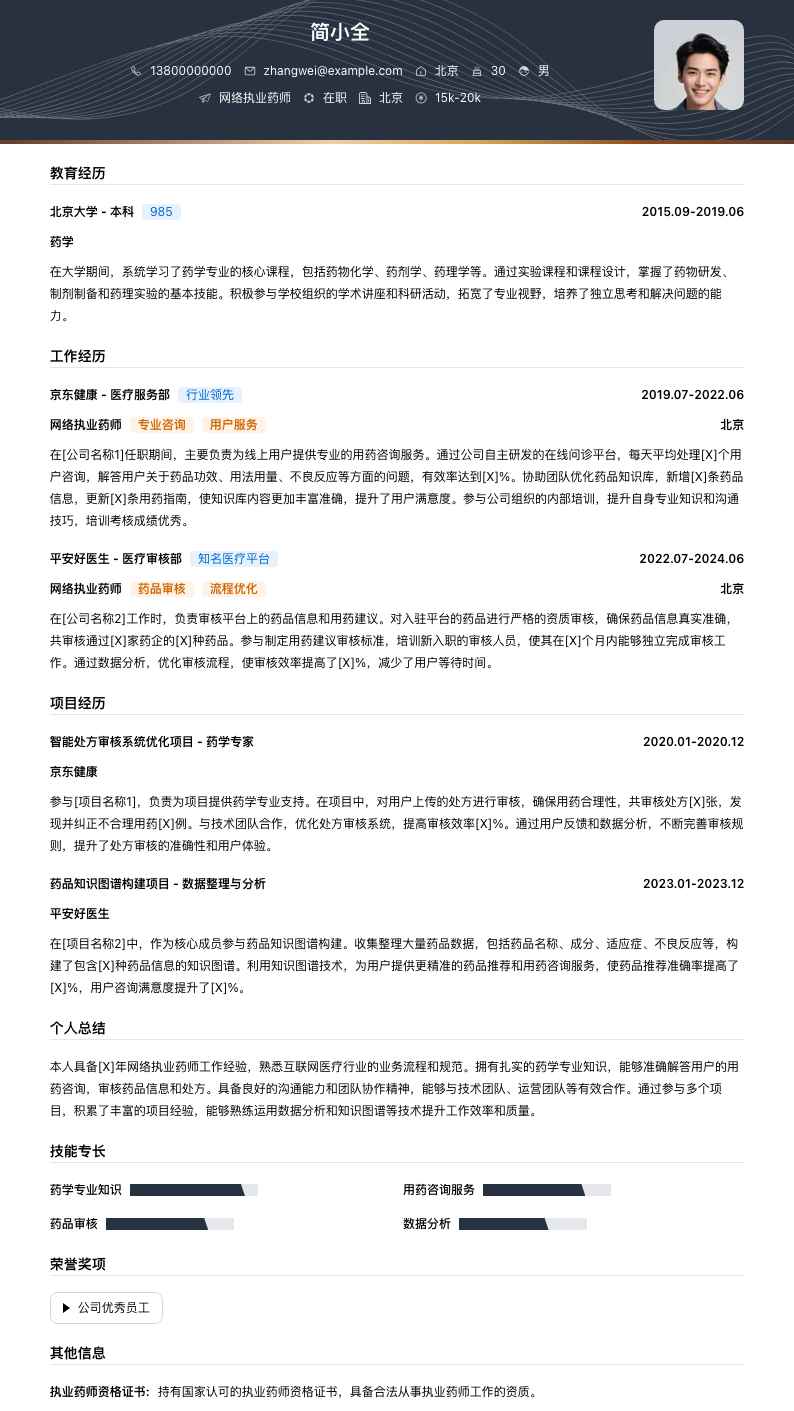 网络执业药师简历模板