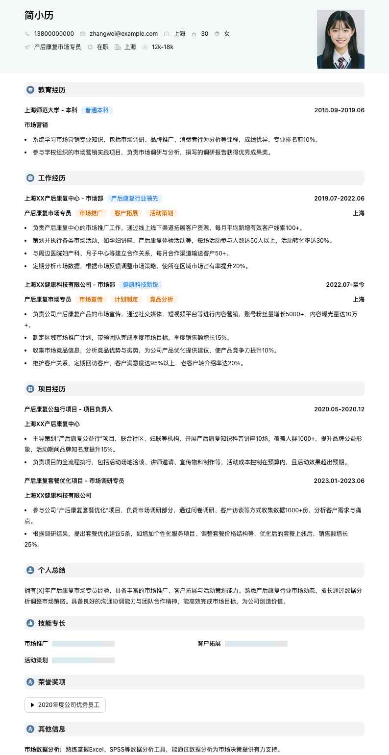 产后康复市场专员简历模板